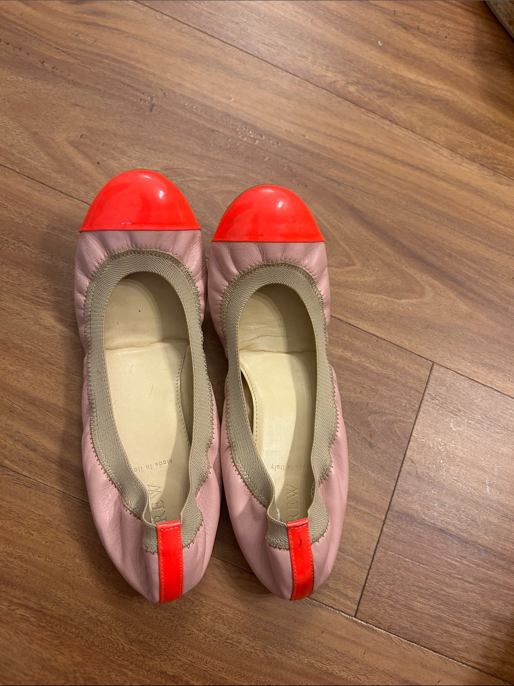 J. Crew Pink Ballet Flats with Bright Coral Toe and Heel Tab